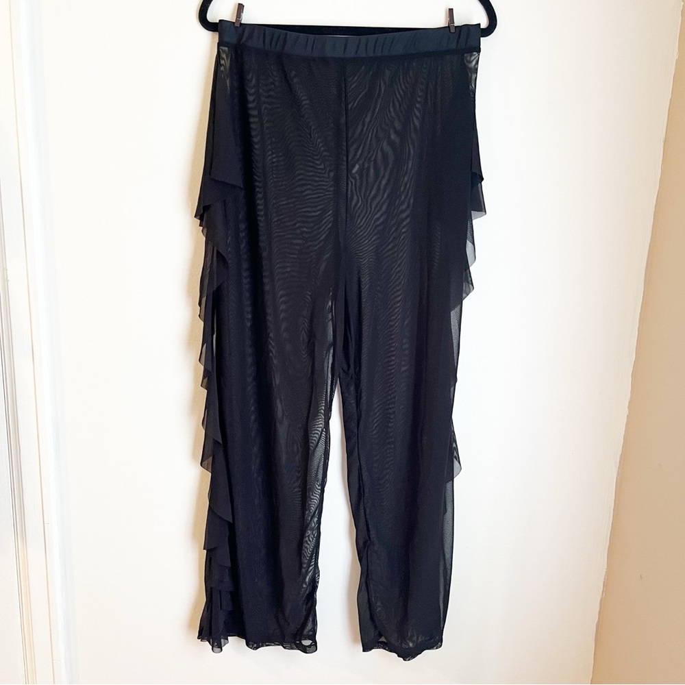 Elegant Black Sheer Women's Pants with Ruffle at Side Seam, Elastic Waistband
